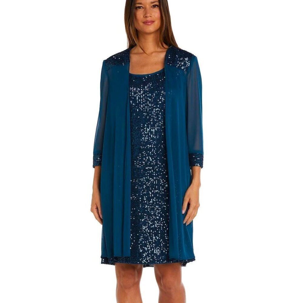 R&M Richards Size 8 Peacock Blue Two-Piece Embellished Shift Dress with Jacket